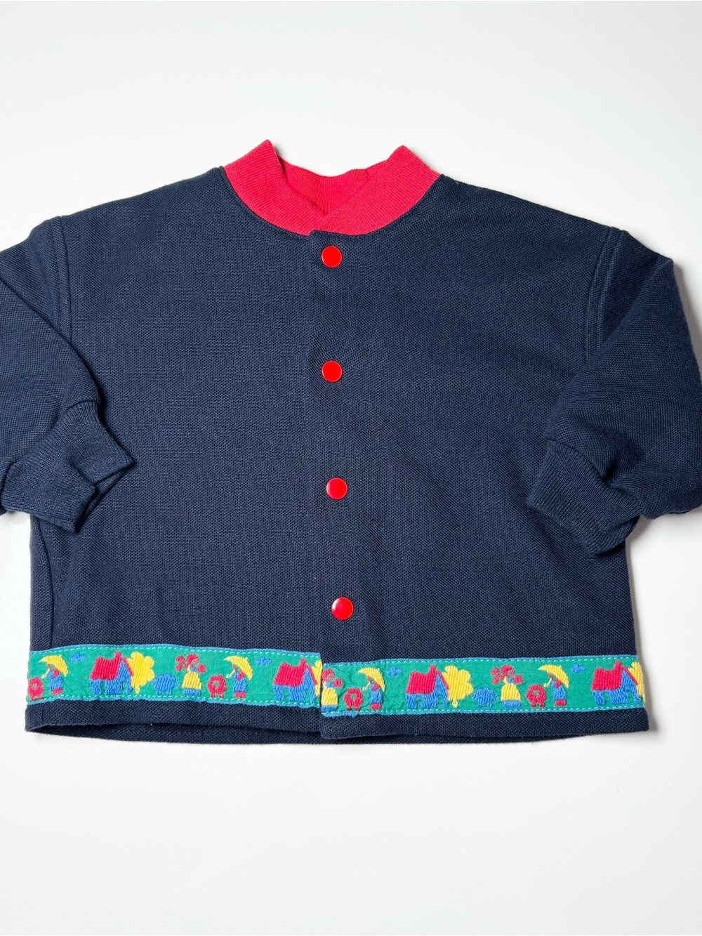 Vintage Le Mouton Noir 90s Navy Red Knit Bomber Jacket Red Snaps Umbrella Border